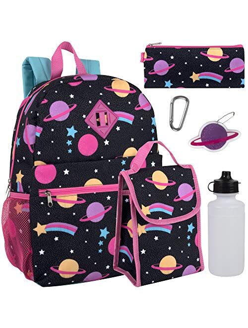 Trail maker Girl's 6 in 1 Backpack with Lunch Bag, Pencil Case, Keychain, and Accessories