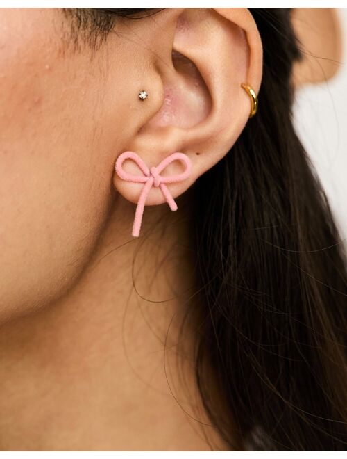 DesignB London velvet bow stud earrings in pink