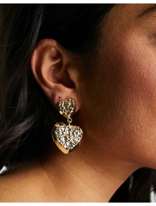 DesignB London textured statement heart drop earrings in gold