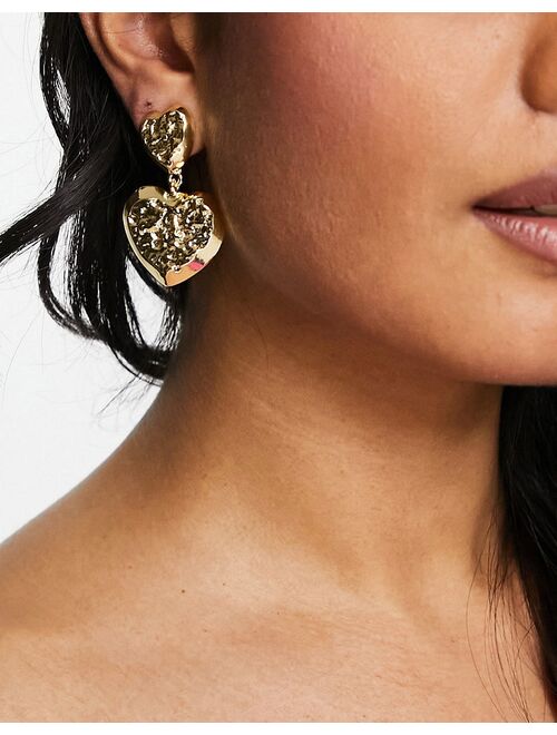 DesignB London textured statement heart drop earrings in gold