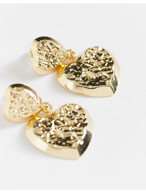 DesignB London textured statement heart drop earrings in gold