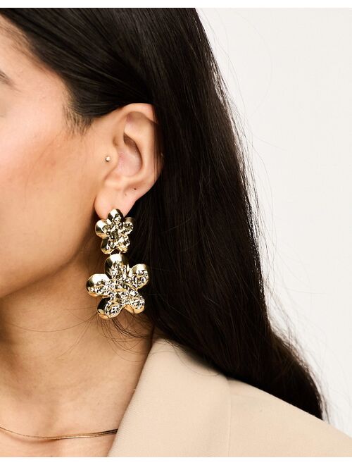 DesignB London textured statement flower drop earrings in gold