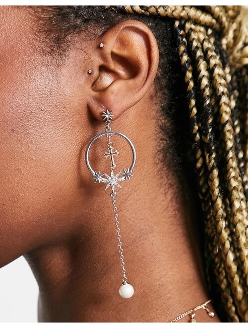 8 Other Reasons sinner pearl drop cross earrings in silver