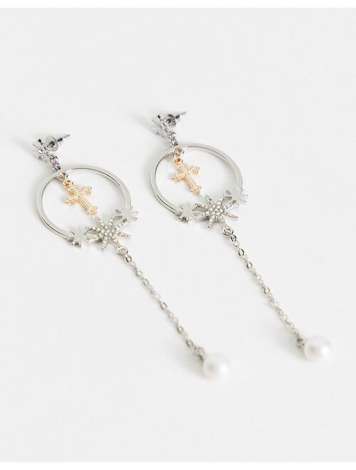 8 Other Reasons sinner pearl drop cross earrings in silver