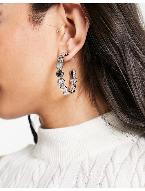 ASOS DESIGN Smiley Collab hoop earrings in silver tone