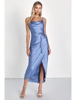 Sophisticated Sight Periwinkle Satin Jacquard Cowl Midi Dress