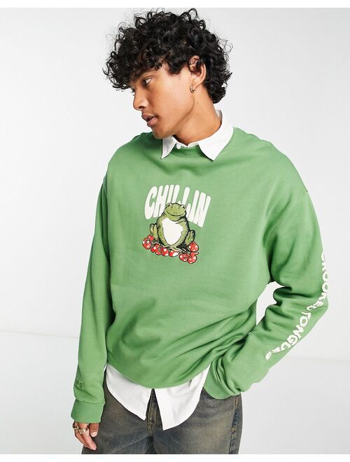 Crooked Tongues oversized sweatshirt with chillin' toad graphic print in green