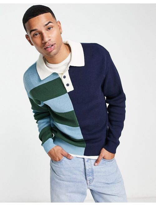 Jack & Jones Originals oversized knit rugby shirt in stripe splice