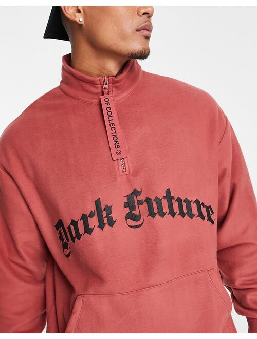 ASOS DESIGN ASOS Dark Future oversized quarter zip sweatshirt in polar fleece with gothic logo in red