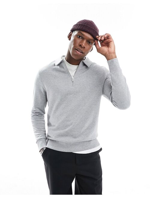 ASOS DESIGN polo sweatshirt with zip in gray heather