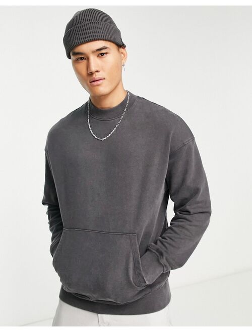 ADPT washed oversized mock neck sweatshirt with front pocket in dark gray