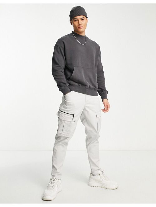 ADPT washed oversized mock neck sweatshirt with front pocket in dark gray