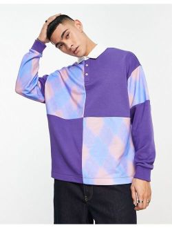 oversized polo sweatshirt with check paneling in purple