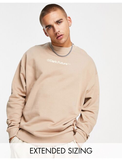 ASOS DESIGN ASOS Dark Future oversized sweatshirt with front and back logos prints in taupe