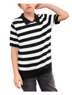 Coutgo Boys' and Toddler Striped Polo Shirt Short Sleeve Soft Knit Sweater for Kids, 5-14 Years