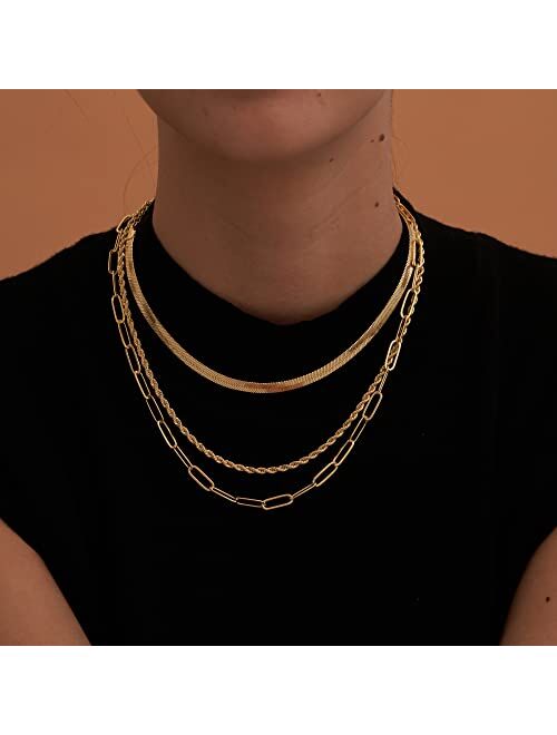 CHESKY Layered Gold Necklaces for Women, 14K Gold/Sterling Silver Chain Necklaces Stacked Herringbone Rope Paperclip Chain Necklaces Chunky Gold Snake Choker Necklaces Tr