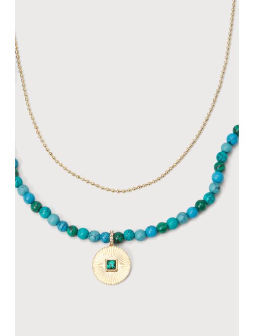 Lulus Summertime Skies Turquoise Blue Beaded Layered Necklace