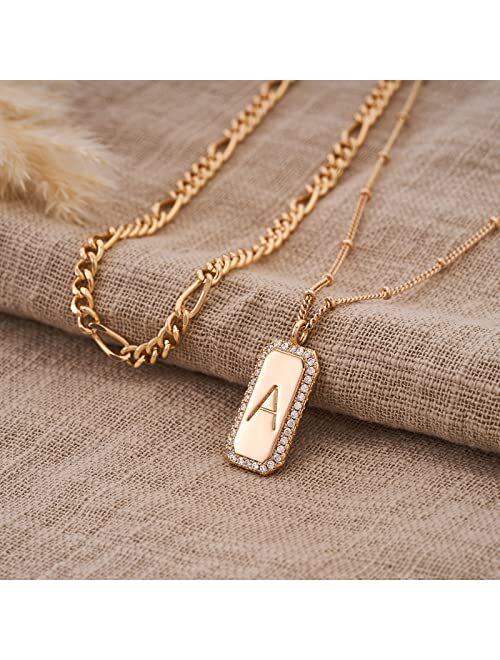 TONTMY STUDIOS Necklace for Women Gold Figaro Chain Choker Layered Set Initial Bar Rectangle Pendant CZ 2 Layer 14K Gold Filled Simple Dainty Satellite Chain Everyday Per