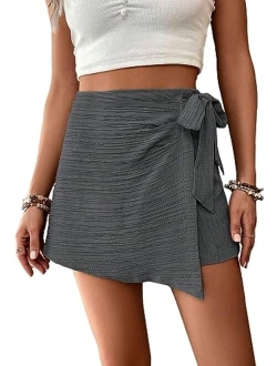 Women's Summer Mini Wrap Shorts Knot High Waist Belted Skorts Zipper Casual Loose Skirt