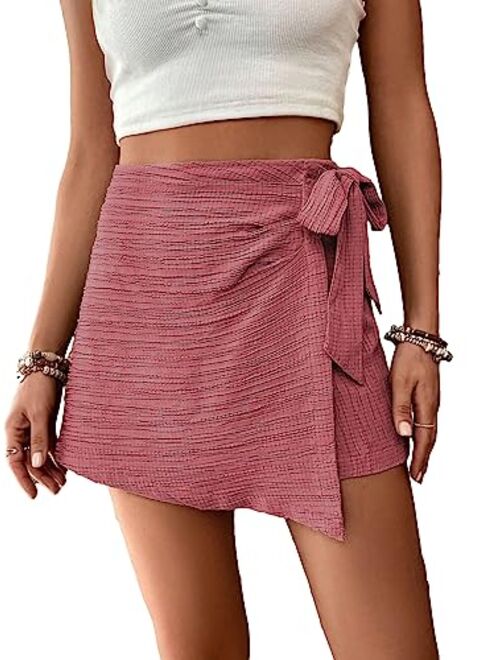 WDIRARA Women's Summer Mini Wrap Shorts Knot High Waist Belted Skorts Zipper Casual Loose Skirt