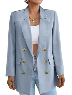 Lueluoye Women's Casual Blazers Long Sleeve Open Front Gold Button Work Office Blazer Jackets with Pockets