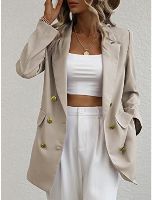 Lueluoye Women's Casual Blazers Long Sleeve Open Front Gold Button Work Office Blazer Jackets with Pockets