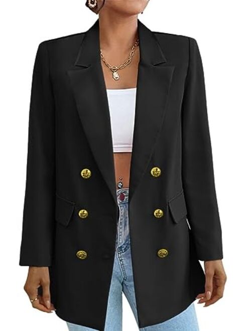 Lueluoye Women's Casual Blazers Long Sleeve Open Front Gold Button Work Office Blazer Jackets with Pockets