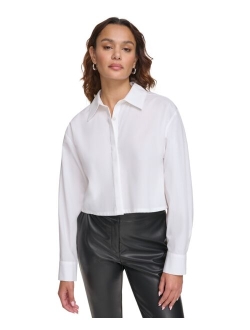 Women's Cotton Cropped Button-Front Shirt