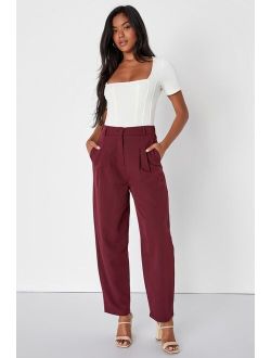 Posh Company Burgundy Pleated High-Waisted Trouser Pants