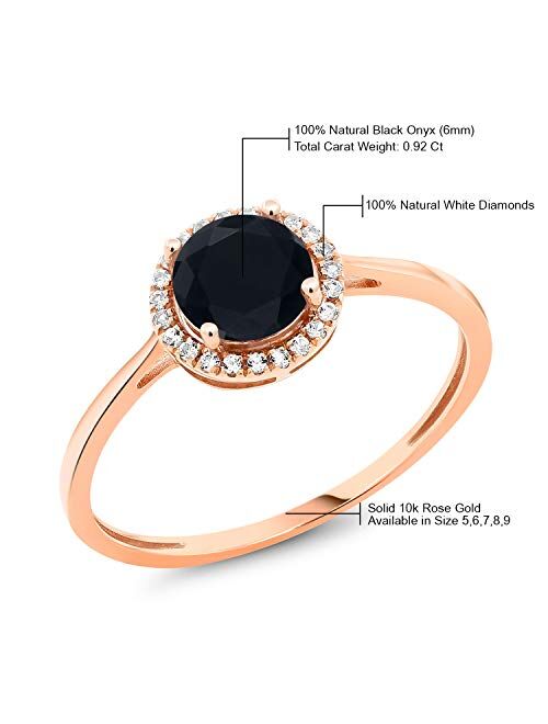 Gem Stone King 10K Rose Gold Black Onyx and White Diamond Engagement Ring For Women (0.92 Cttw, Gemstone Birthstone, Available In Size 5, 6, 7, 8, 9)