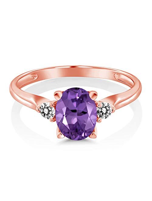 Gem Stone King 10K Rose Gold Oval Purple Amethyst and White Diamond 3-Stone Ring For Women (1.13 Cttw, Gemstone Birthstone, Available In Size 5, 6, 7, 8, 9)