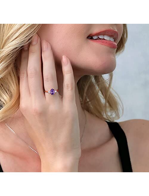 Gem Stone King 10K Rose Gold Oval Purple Amethyst and White Diamond 3-Stone Ring For Women (1.13 Cttw, Gemstone Birthstone, Available In Size 5, 6, 7, 8, 9)