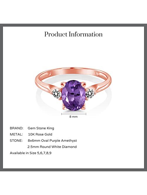 Gem Stone King 10K Rose Gold Oval Purple Amethyst and White Diamond 3-Stone Ring For Women (1.13 Cttw, Gemstone Birthstone, Available In Size 5, 6, 7, 8, 9)