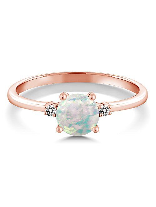 Gem Stone King 10K Rose Gold Engagement Solitaire Ring set with 0.33 Ct Round Cabochon White Simulated Opal and White Diamonds (Available 5,6,7,8,9)