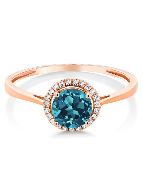 Gem Stone King 10K Rose Gold London Blue Topaz and Diamond Engagement Ring For Women (0.97 Cttw, Gemstone Birthstone, Available In Size 5, 6, 7, 8, 9)