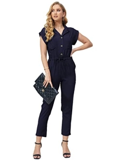 Bellivera Women Summer Short Sleeve Casual Jumpsuits Drawstring Belt Elegant Button Down One Piece Long Pant Romper