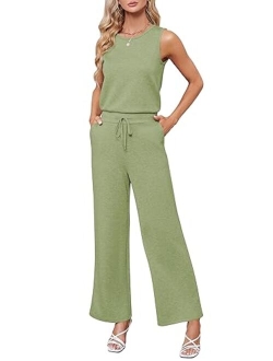 Sarin Mathews Air Essentials Jumpsuits for Women Casual Wide Leg Long Pants Jumpsuit Sleeveless Belted Rompers with Pockets