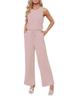 Sarin Mathews Air Essentials Jumpsuits for Women Casual Wide Leg Long Pants Jumpsuit Sleeveless Belted Rompers with Pockets