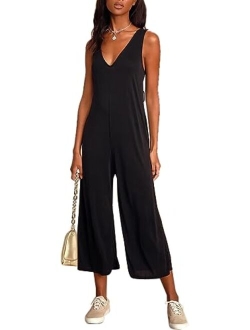 Sucolan Rompers for Women Summer Sleeveless Jumpsuit V Neck Capri Rompers for Women