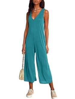 Sucolan Rompers for Women Summer Sleeveless Jumpsuit V Neck Capri Rompers for Women