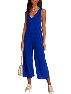 Sucolan Rompers for Women Summer Sleeveless Jumpsuit V Neck Capri Rompers for Women