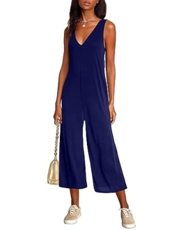 Sucolan Rompers for Women Summer Sleeveless Jumpsuit V Neck Capri Rompers for Women