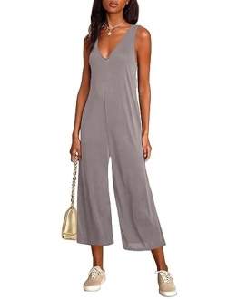 Sucolan Rompers for Women Summer Sleeveless Jumpsuit V Neck Capri Rompers for Women