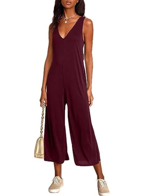 Sucolan Rompers for Women Summer Sleeveless Jumpsuit V Neck Capri Rompers for Women