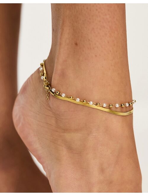 Lost Souls stainless steel double layer anklet with pearl detail in gold