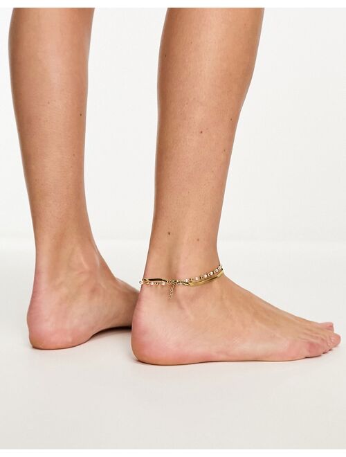 Lost Souls stainless steel double layer anklet with pearl detail in gold