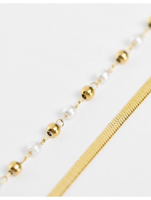 Lost Souls stainless steel double layer anklet with pearl detail in gold