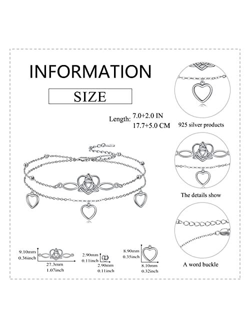 VONALA Infinity Heart/Celtic Heart/Evil Eye Bracelet Adjustable 925 Sterling Silver Infinity Love Heart Symbol Charm Anklet Bracelet for Women Doublelayer Beach Foot Chai