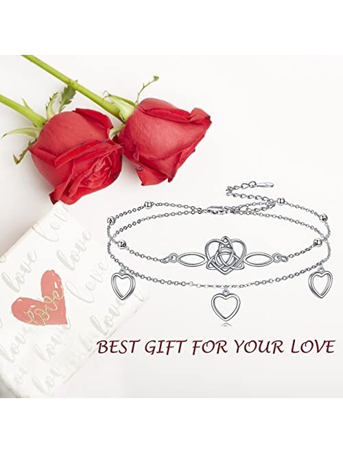 VONALA Infinity Heart/Celtic Heart/Evil Eye Bracelet Adjustable 925 Sterling Silver Infinity Love Heart Symbol Charm Anklet Bracelet for Women Doublelayer Beach Foot Chai