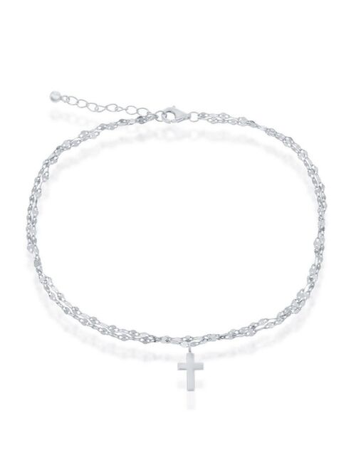 Simona Sterling Silver Double Strand Mirror Chain w/ Cross Anklet